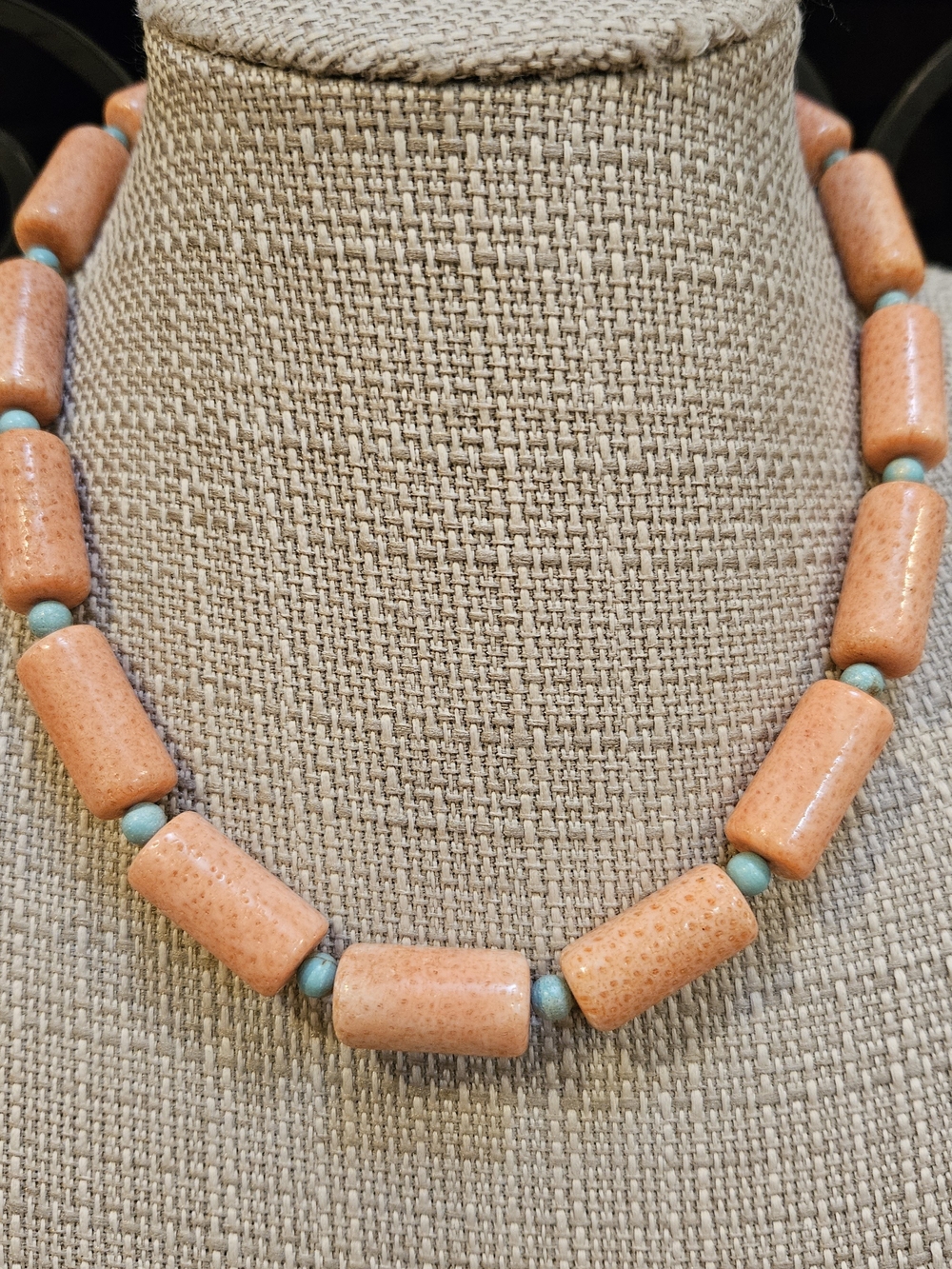 Handcrafted Peach Coral And Turqupise Necklace